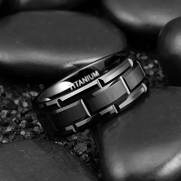 Titanium Matte Black Men's Statement Ring Beveled with Brushed Finished Center - Picture 1 of 6